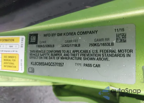 2016 Chevrolet Spark Ls Cvt из США, поврежденный, VIN KL8CB6SA4GC570357